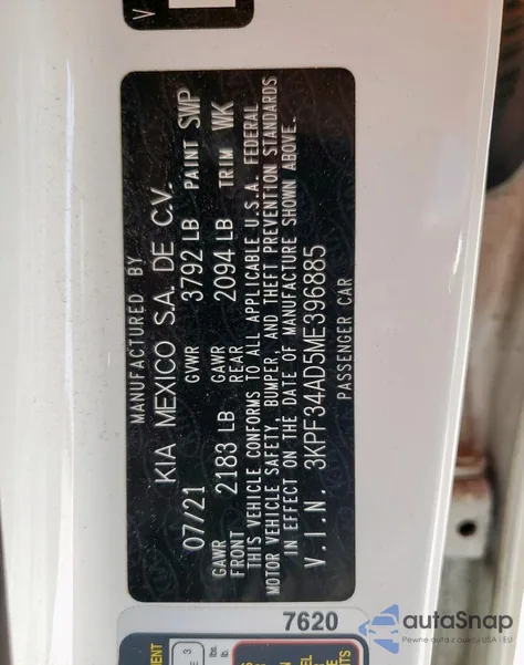 2021 Kia Forte Gt Line from USA, damaged, VIN 3KPF34AD5ME396885